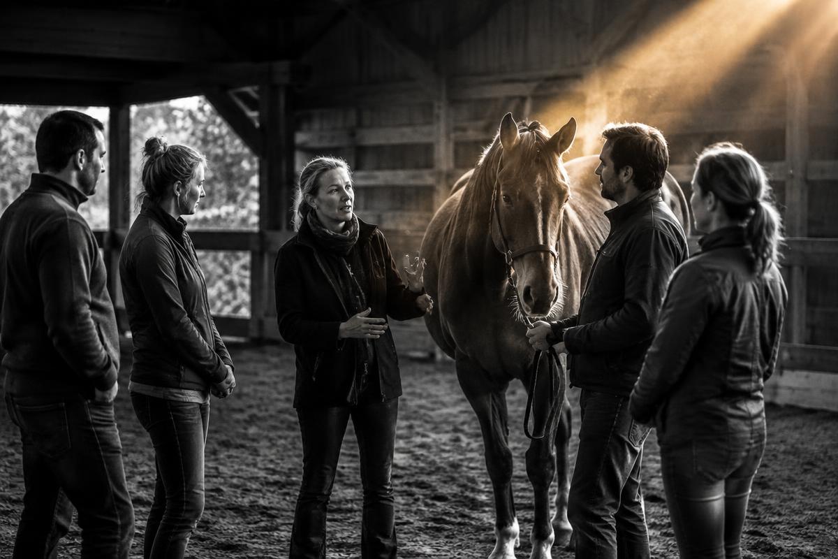 Équipe accompagnée par une facilitatrice lors d'une expérience d'équicoaching avec un cheval