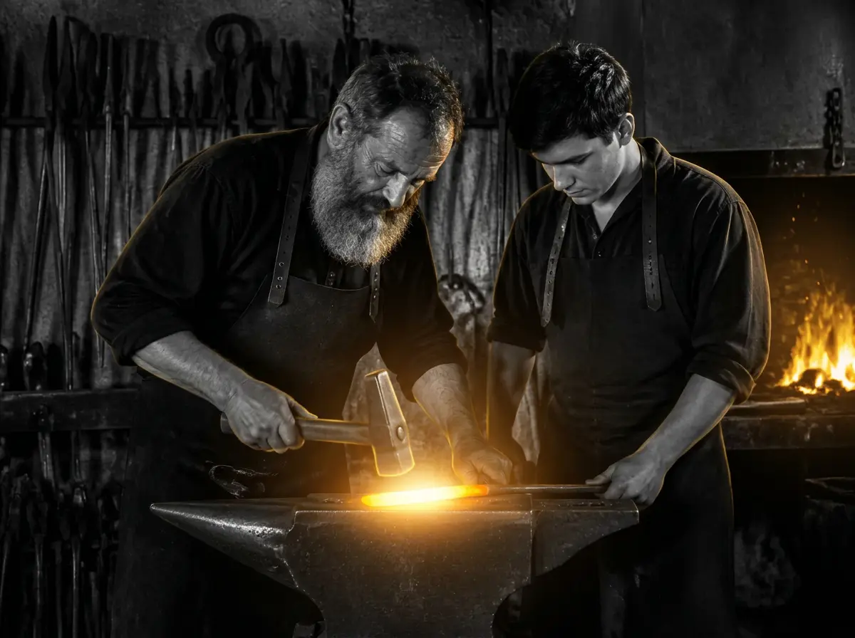 Maître forgeron transmettant son savoir-faire à un apprenti